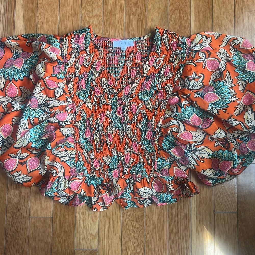 Anthropologie THML Darcy Puff Sleeve Smocked Crop Top Pink Orange Floral Size XS